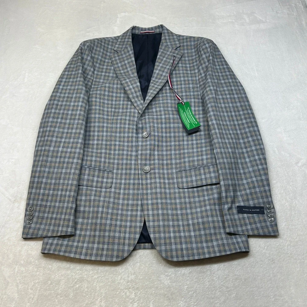 Tommy Hilfiger Check Sport Coat Mens 38R 36 Blue Tan Plaid Flex‎ $295 NEW